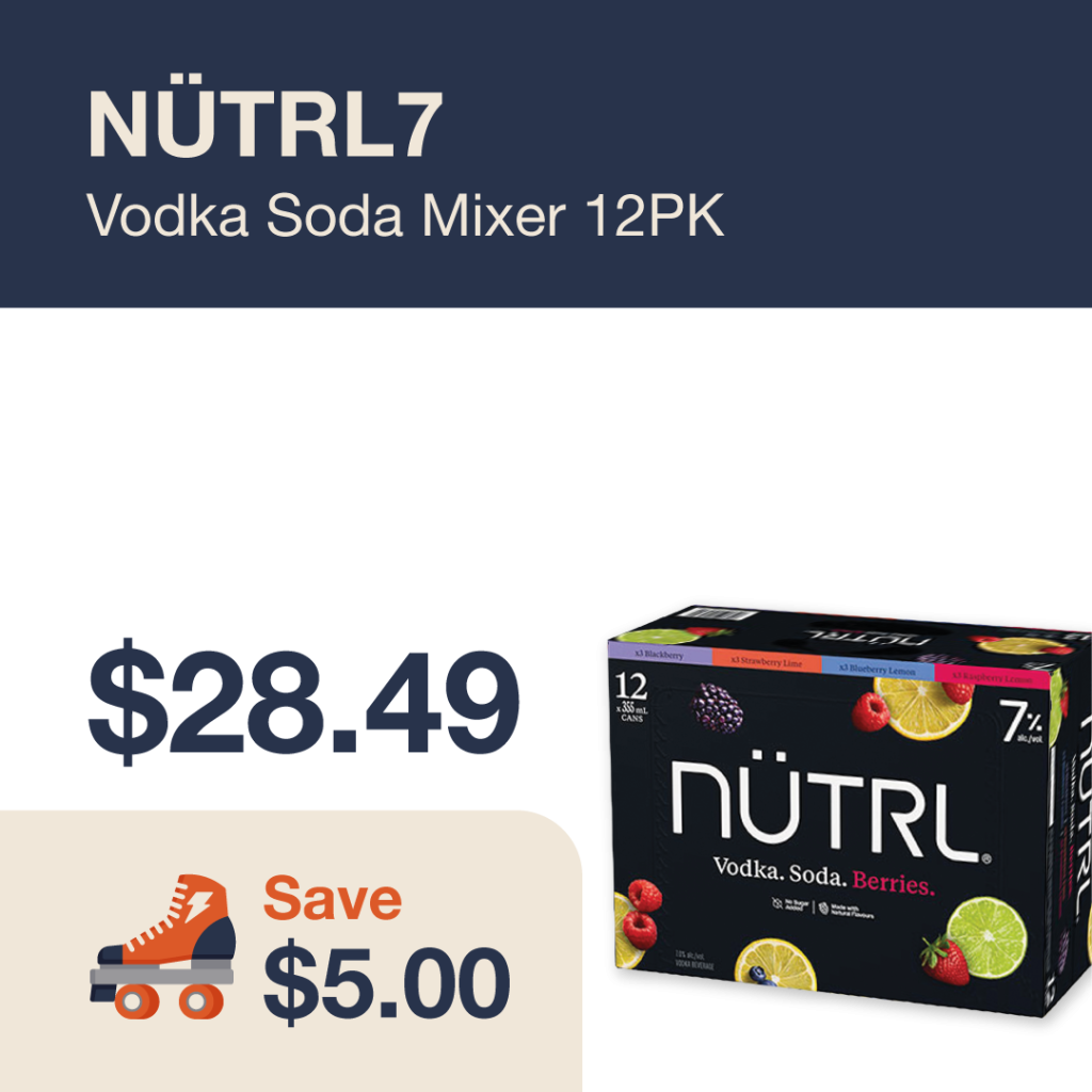 Liquor Co. 1977 monthly promo: Featured RTD deal. Save $5.00 on NUTRL Vodka Soda Mixer 12PK
