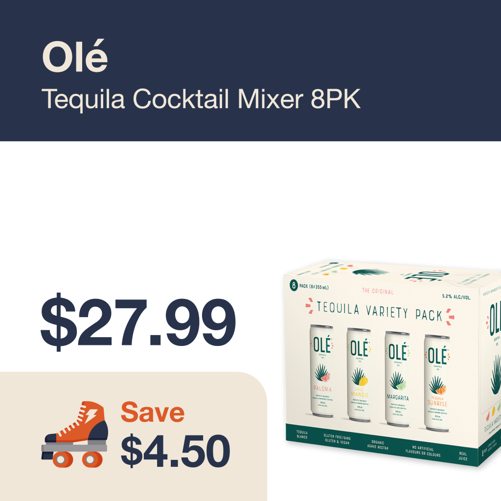 Liquor Co. 1977 monthly promo: Featured RTD deal. Save $4.50 on Olé Tequila Cocktail Mixer 8PK