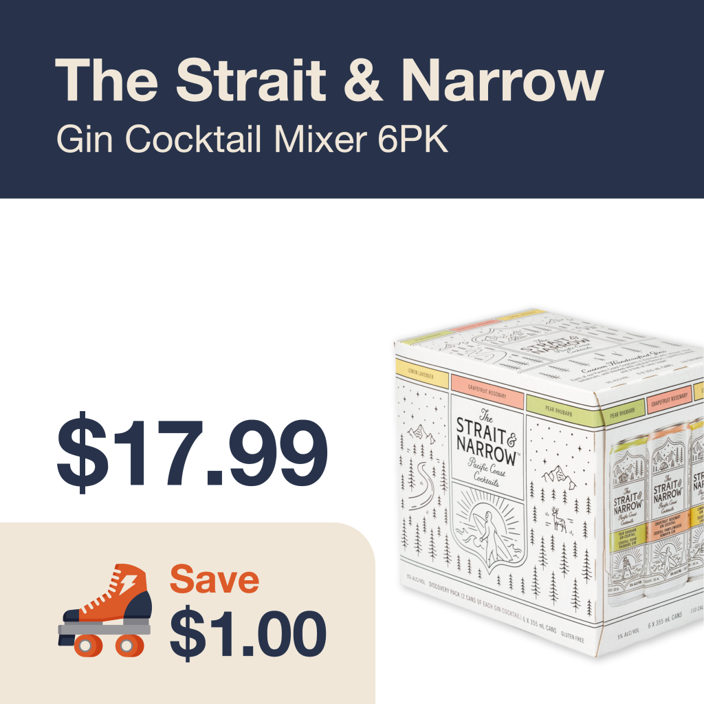 Liquor Co. 1977 monthly promo: Featured RTD deal. Save $1.00 on The Strait & Narrow Gin Cocktail Mixer 6PK