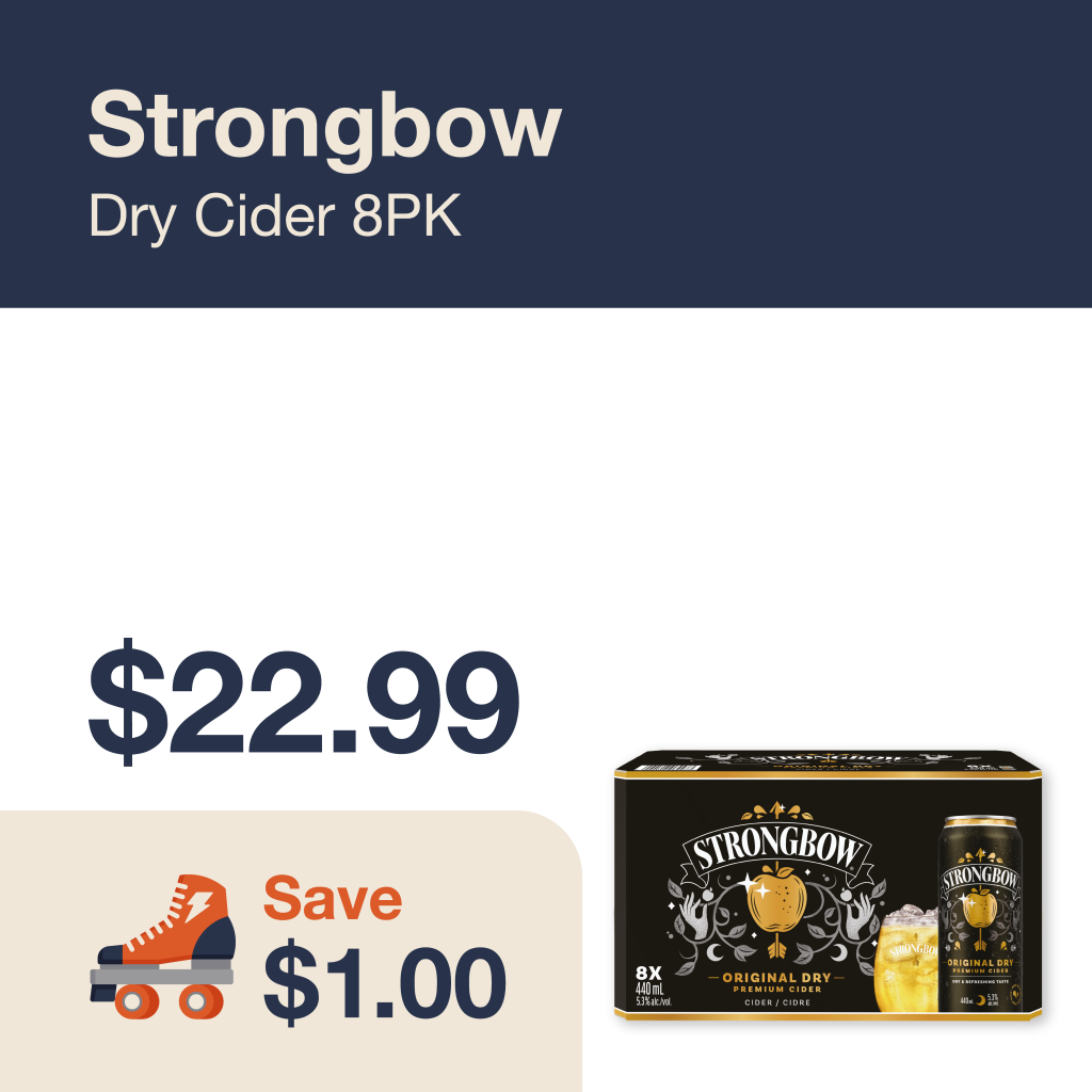 Liquor Co. 1977 monthly promo: Featured RTD deal. Save $1.00 on Strongbow Dry Cider 8PK