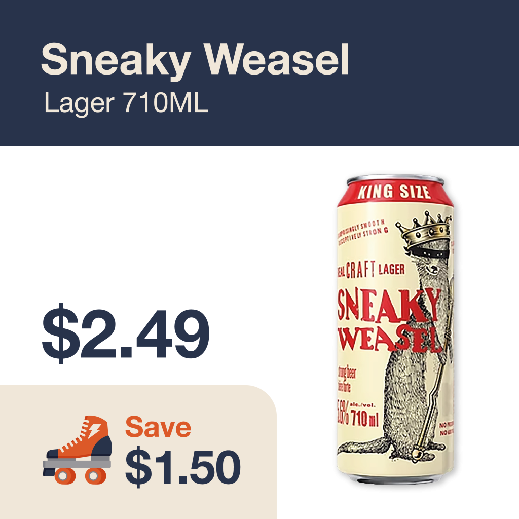 Liquor Co. 1977 monthly promo: Featured Beer deal. Save $1.50 on Sneaky Weasel Lager 710ML