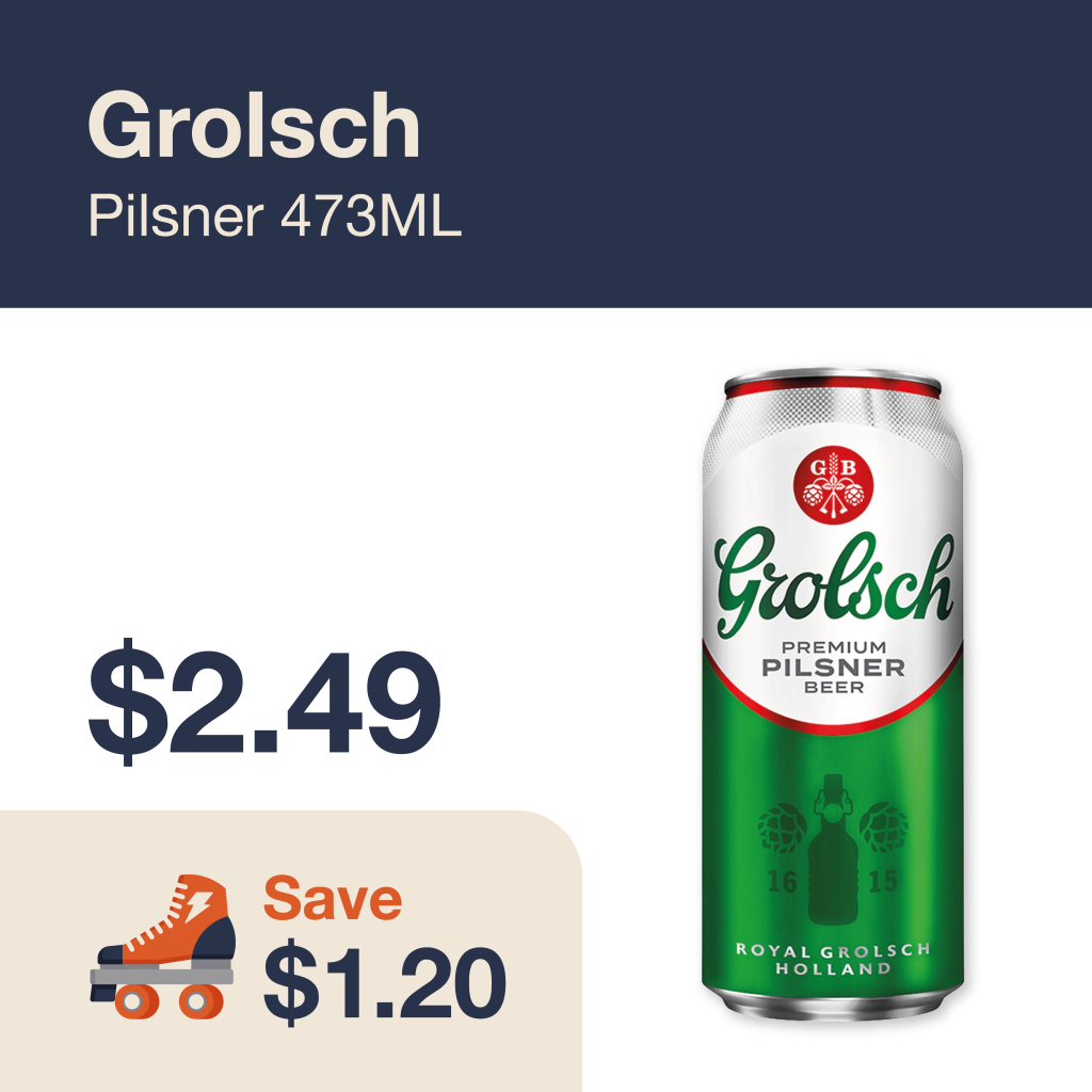 Liquor Co. 1977 monthly promo: Featured beer deal. Save $1.20 on Grolsch Pilsner 473ML