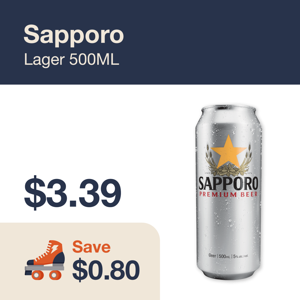 Liquor Co. 1977 monthly promo: Featured beer deal. Save $0.80 on Sapporo Lager 500ML