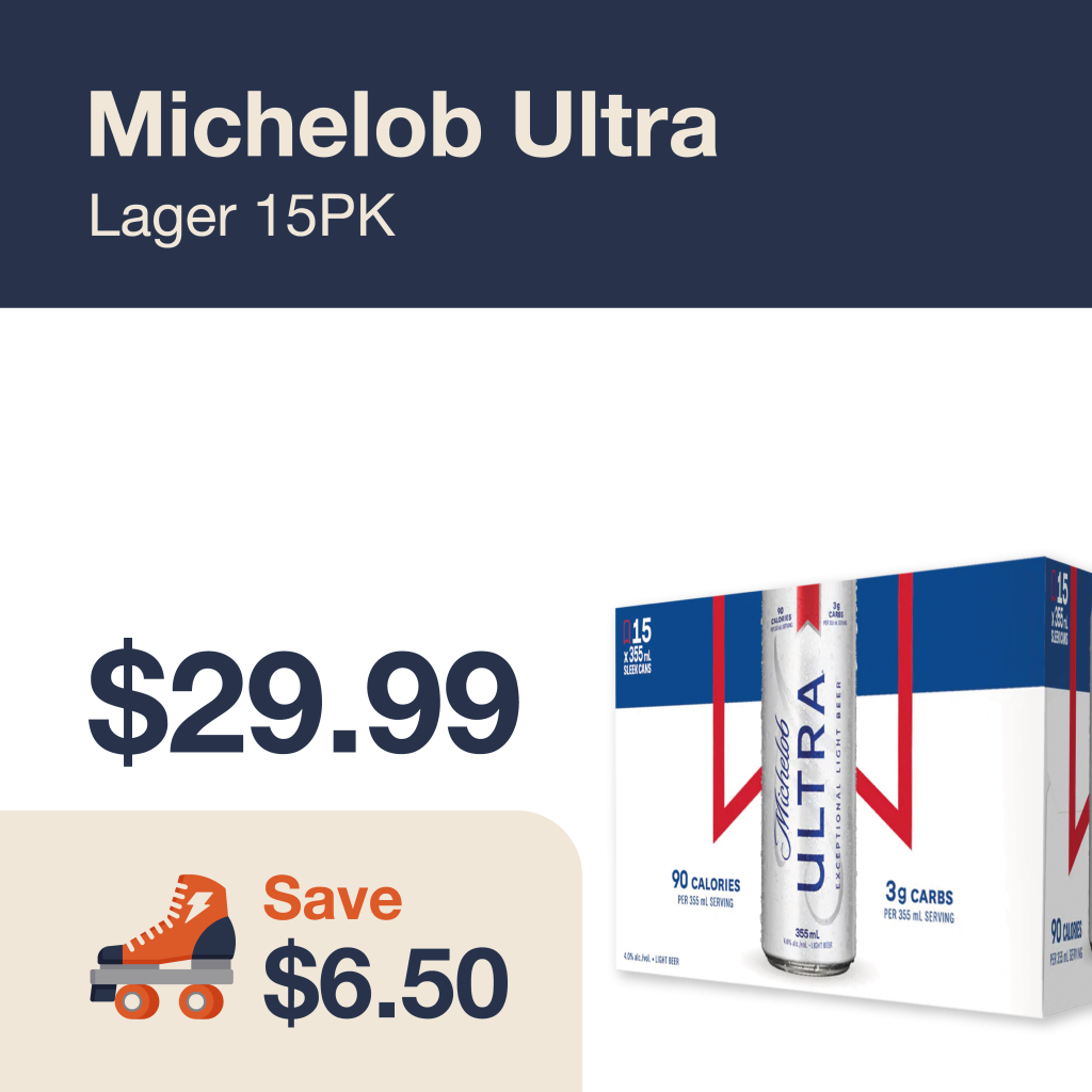 Liquor Co. 1977 monthly promo: Featured beer deal. Save $6.50 on Michelob Ultra Lager 15PK