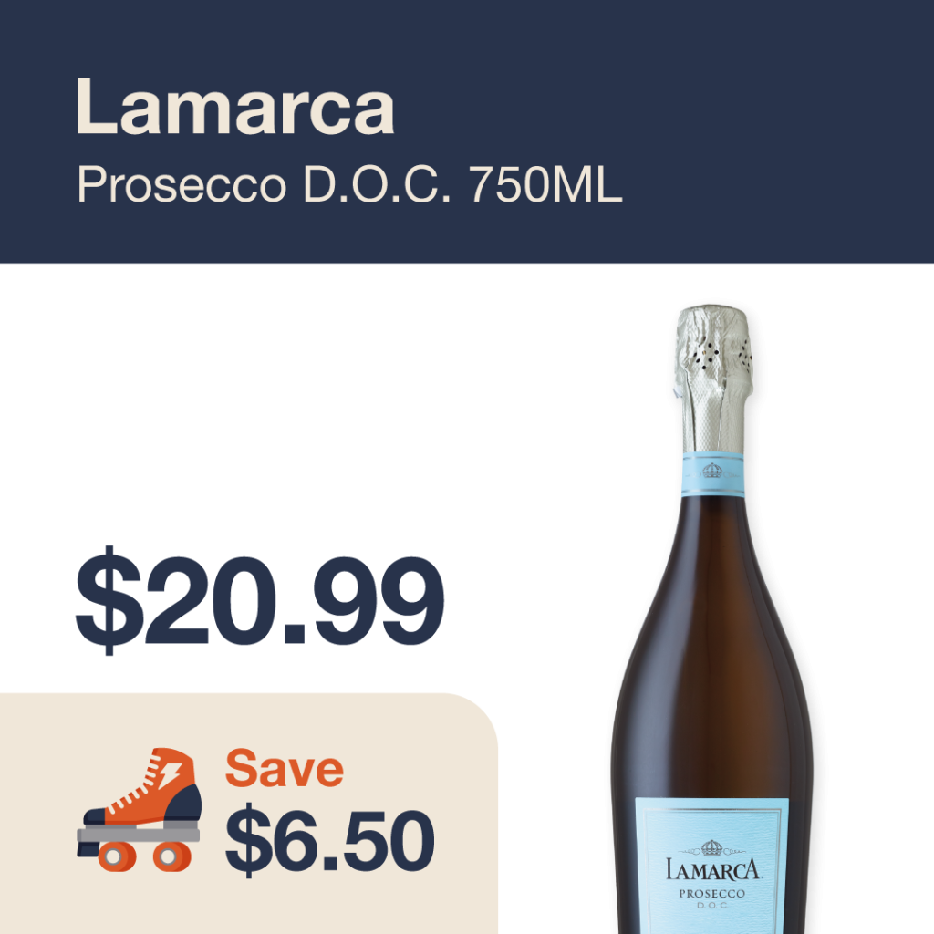 Liquor Co. 1977 monthly promo: Featured wine deal. Save $6.50 on La Marca Prosecco D.O.C. 750ML