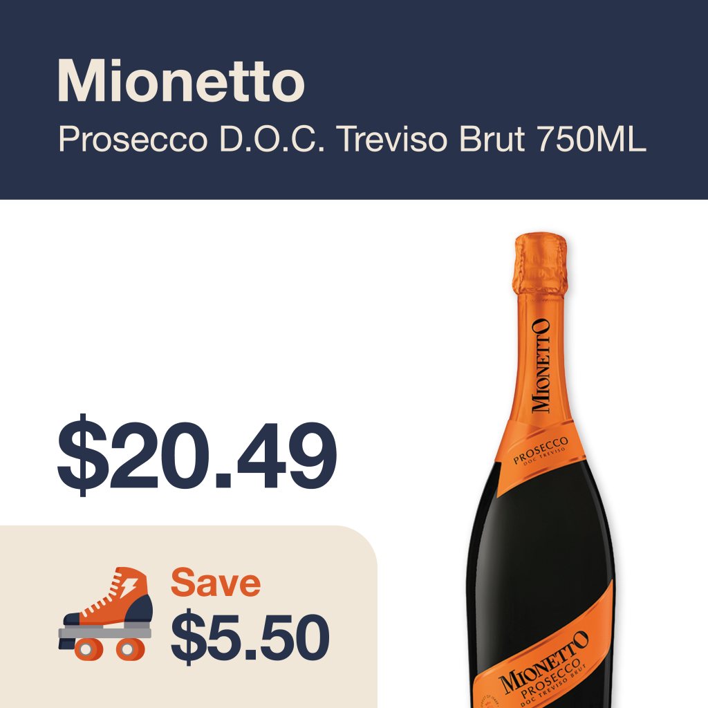 Liquor Co. 1977 monthly promo: Featured wine deal. Save $5.50 on Mionetto Prosecco D.O.C. Treviso Brut 750ML