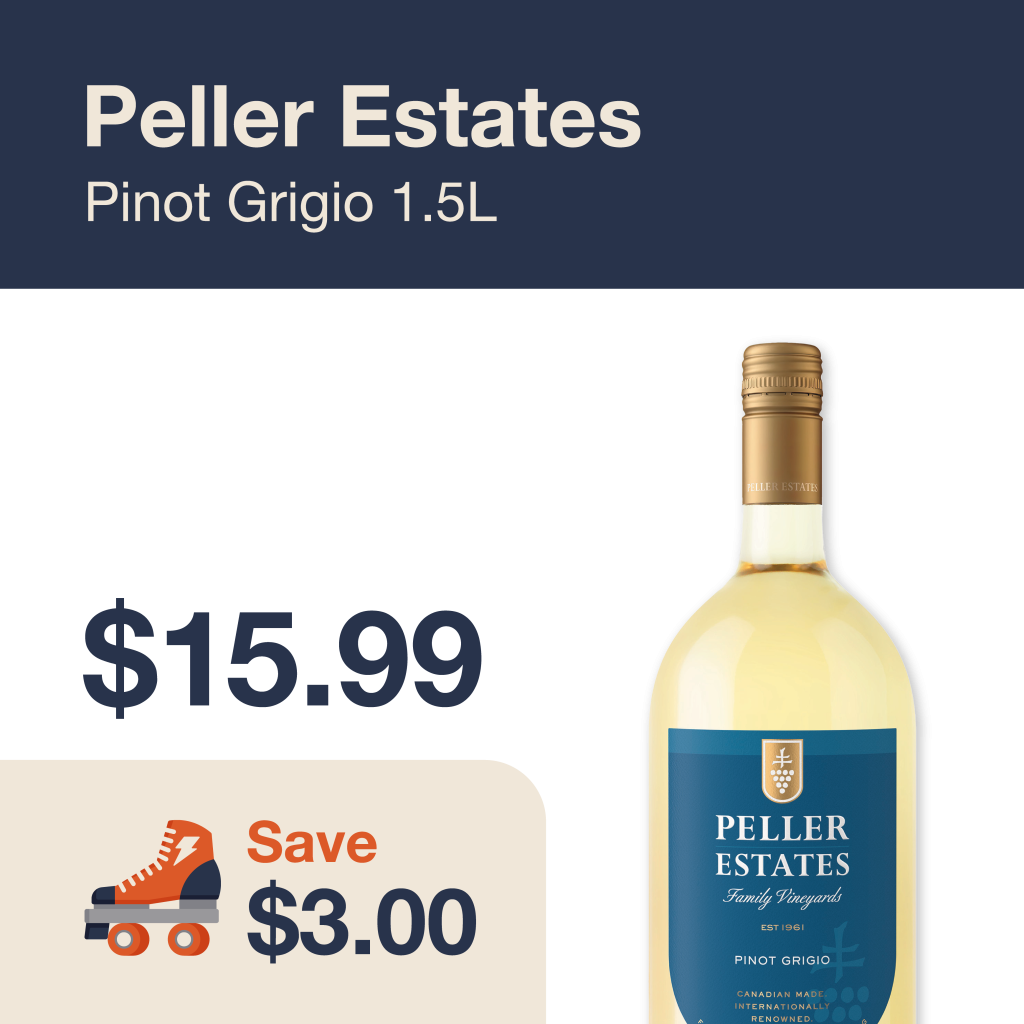 Liquor Co. 1977 monthly promo: Featured wine deal. Save $3.00 on Peller Estates Pinot Grigio 1.5L
