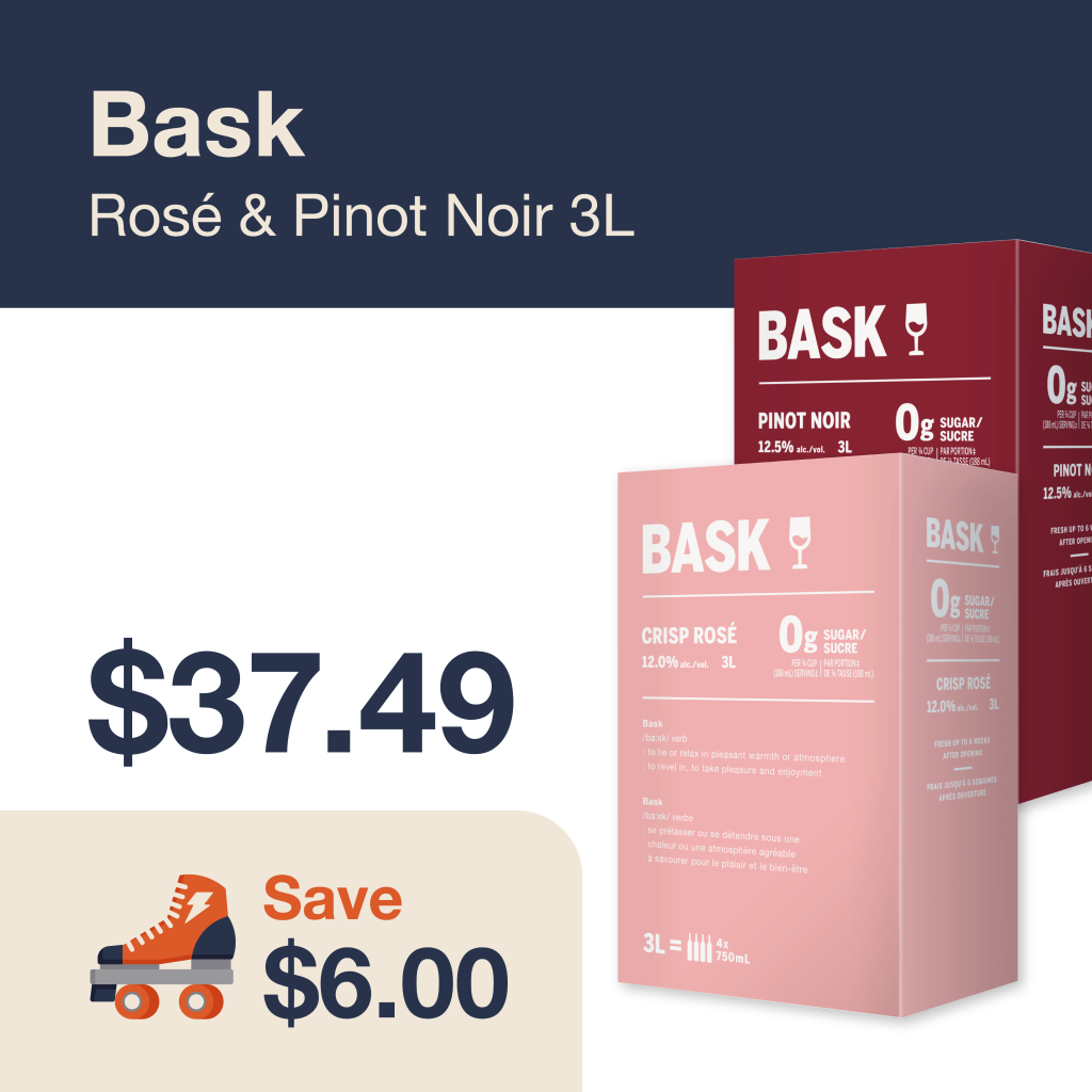 Liquor Co. 1977 monthly promo: Featured wine deal. Save $6.00 on Bask Rosé & Pinot Noir 3L