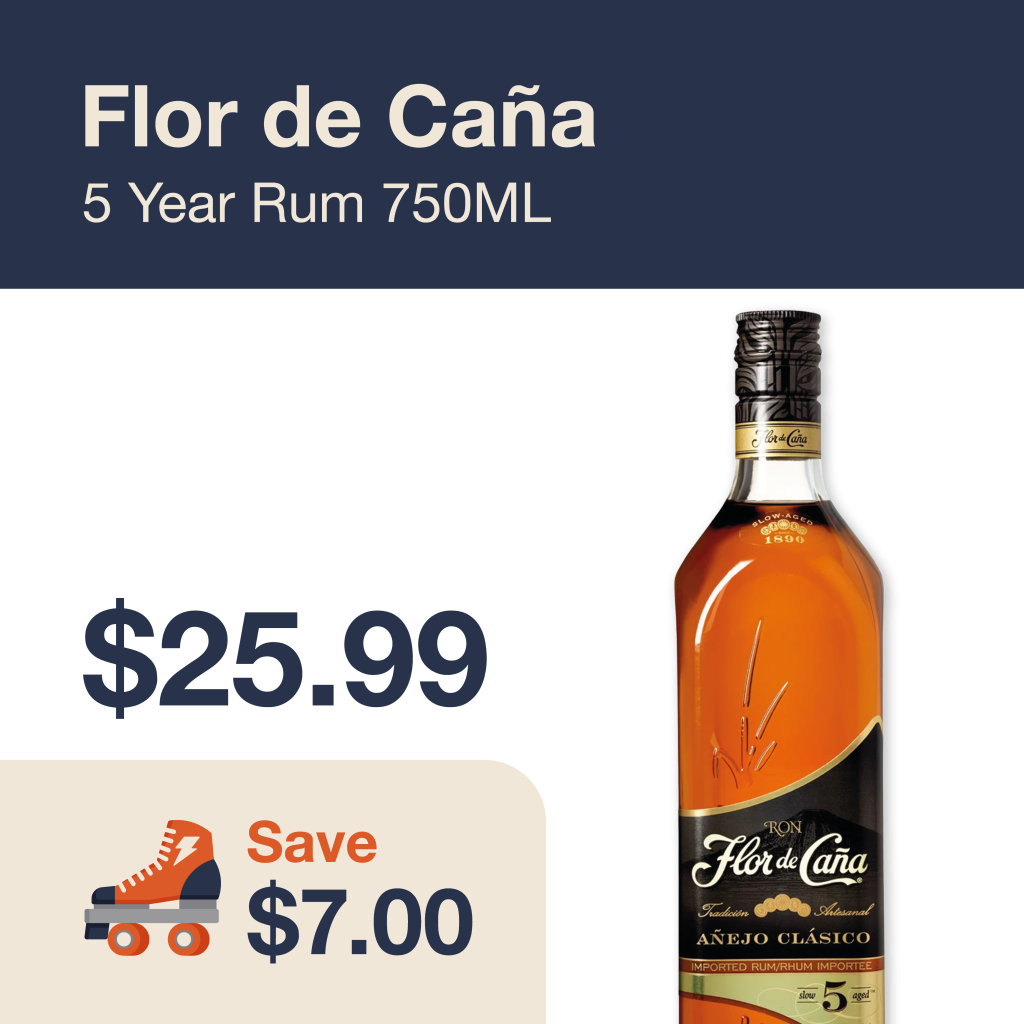 Liquor Co. 1977 monthly promo: Featured spirit deal. Save $7.00 on Flor de Caña 5 Year Rum 750ML