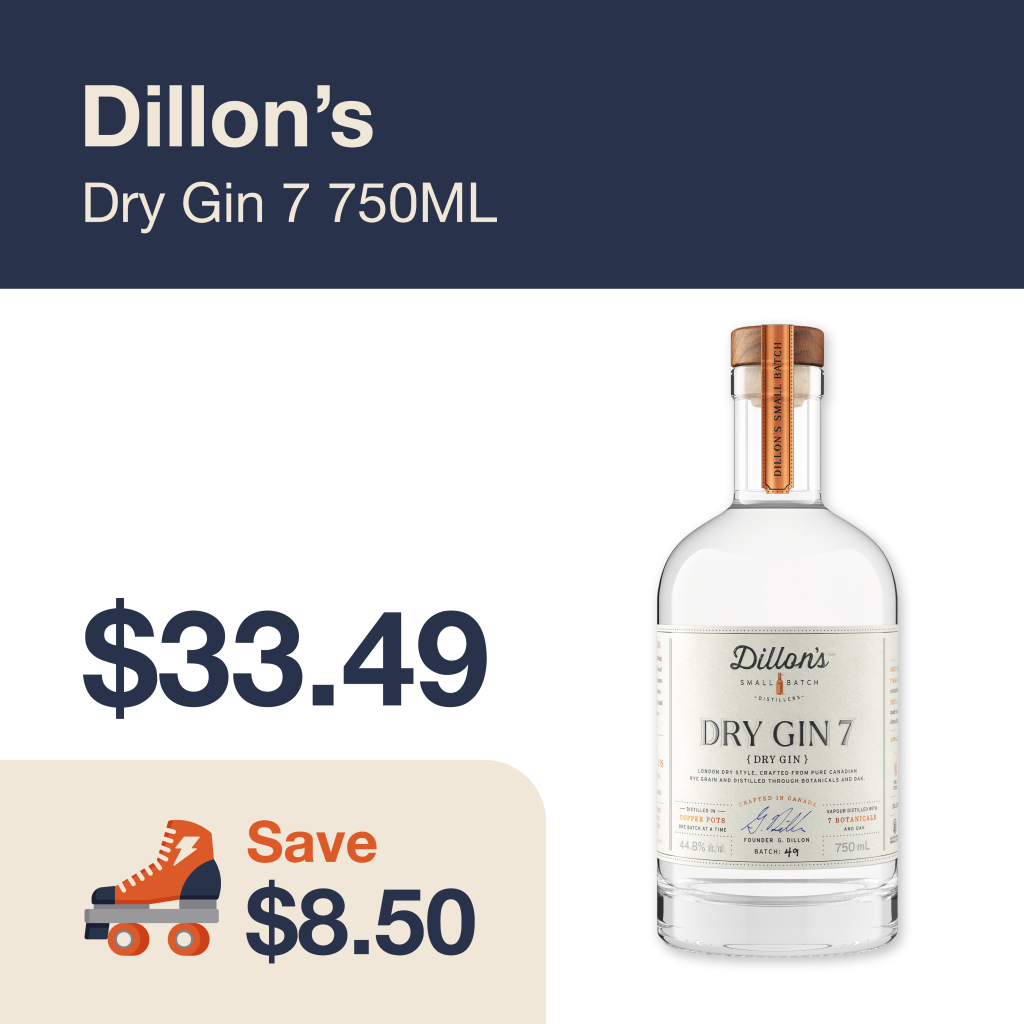 Liquor Co. 1977 monthly promo: Featured spirit deal. Save $8.50 on Dillon's Dry Gin 750ML