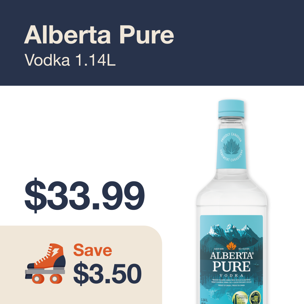Liquor Co. 1977 monthly promo: Featured spirit deal. Save $3.50 on Alberta Pure Vodka 1.14L
