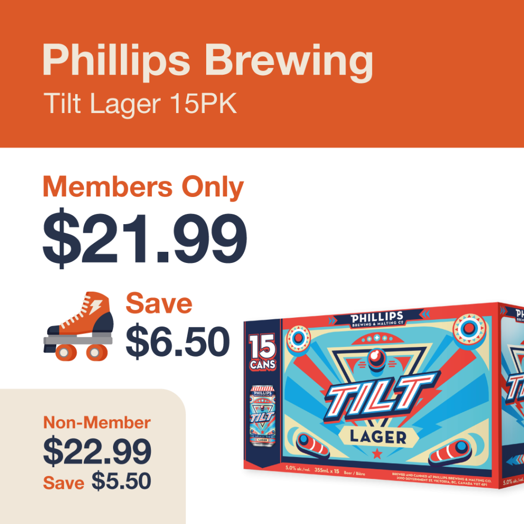 Liquor Co. 1977 monthly promo: Save $5.50 on Phillips Brewing Tilt Lager 15PK - Members save $6.50 on this featured beer deal