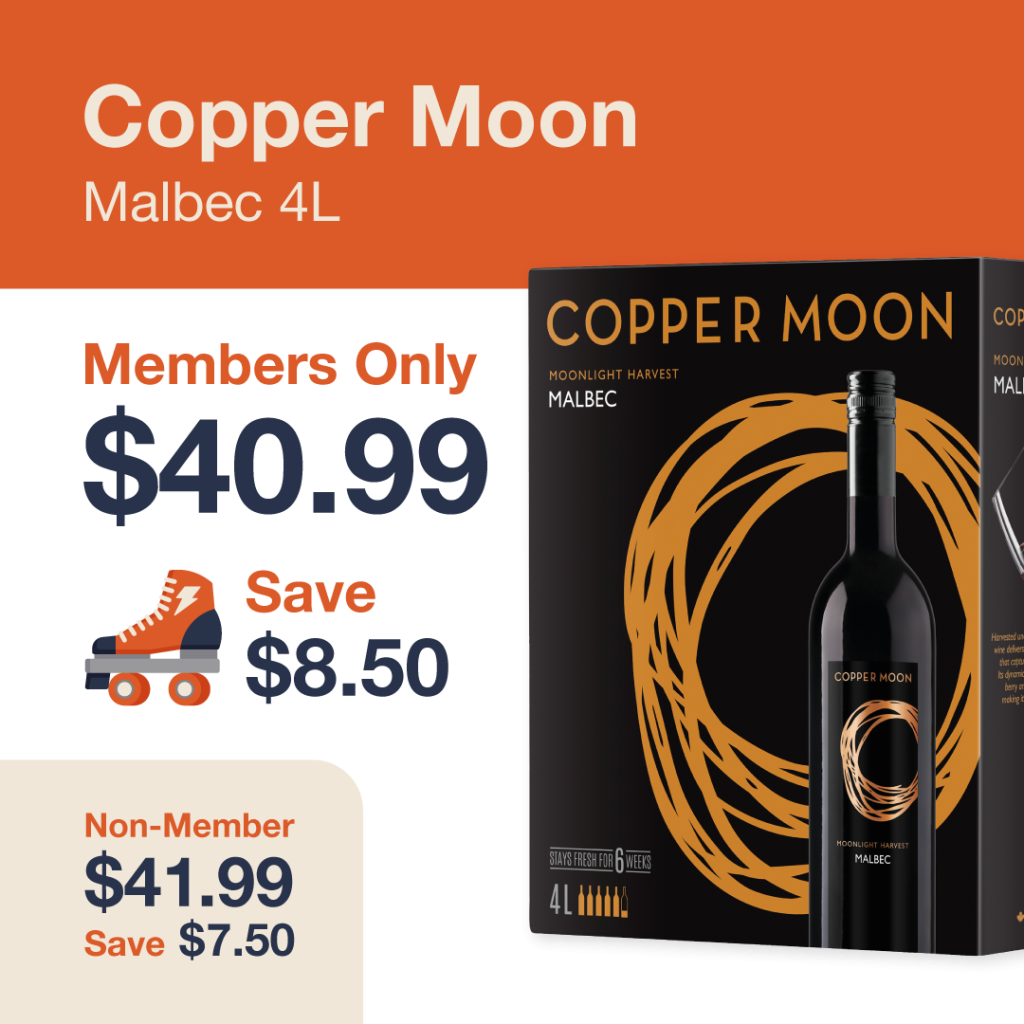Liquor Co. 1977 monthly promo: Save $7.50 on Copper Moon Malbec 4L - Members save $8.50 on this featured wine deal