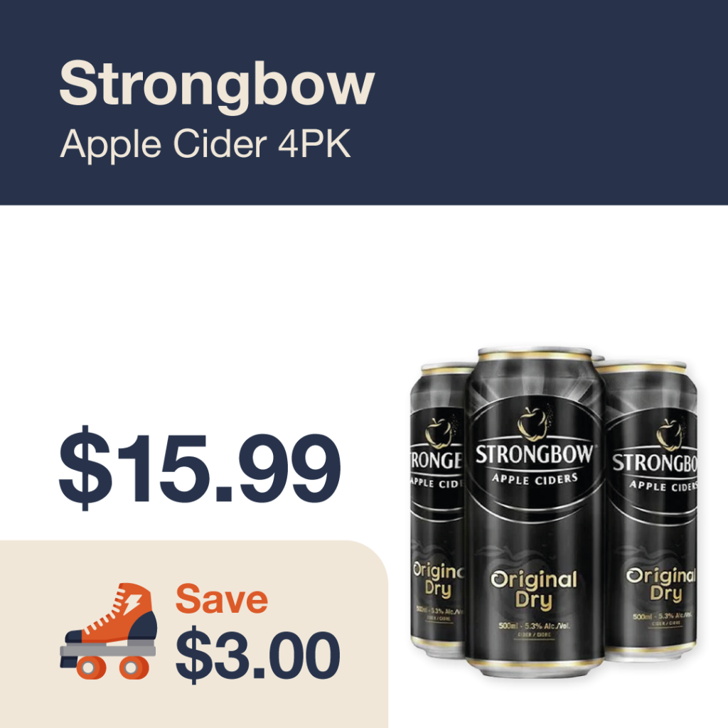 Liquor Co. 1977 monthly promo: Featured cider deal. Save $3.00 on Strongbow Apple Cider 4PK