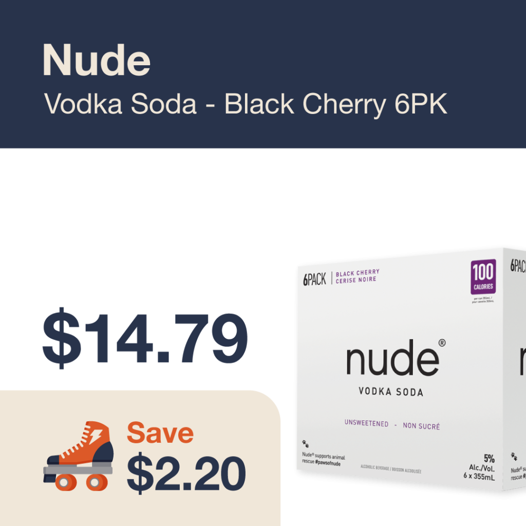 Liquor Co. 1977 monthly promo: Featured RTD deal. Save $2.20 on Nude Vodka Soda Black Cherry 6PK