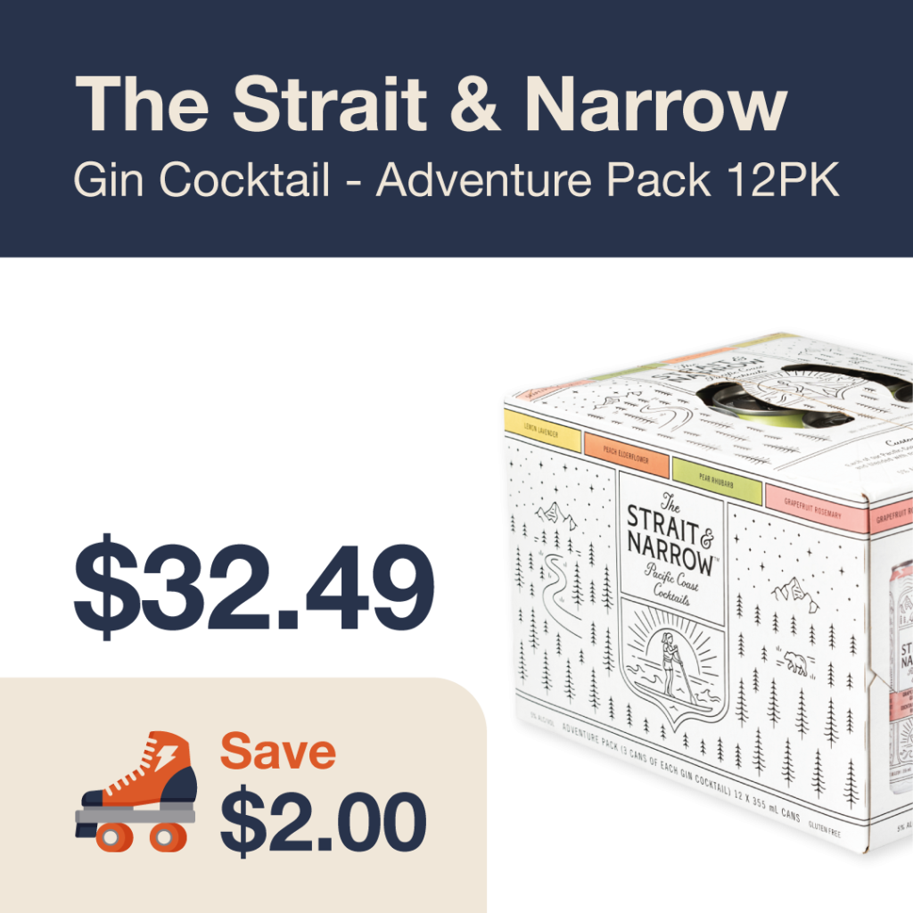 Liquor Co. 1977 monthly promo: Featured RTD deal. Save $2.00 on The Strait & Narrow Gin cocktail Adventure Pack 12PK