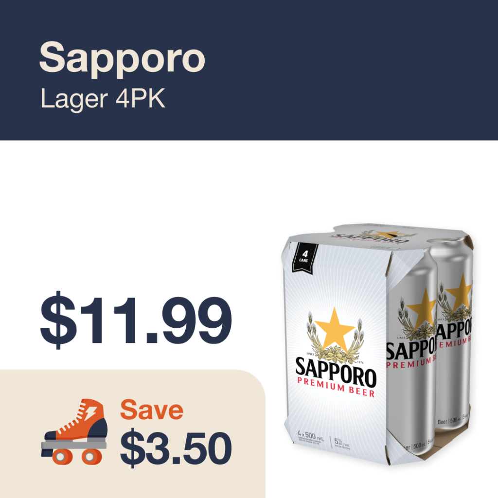 Liquor Co. 1977 monthly promo: Featured beer deal. Save $3.50 on Sapporo Lager 4PK