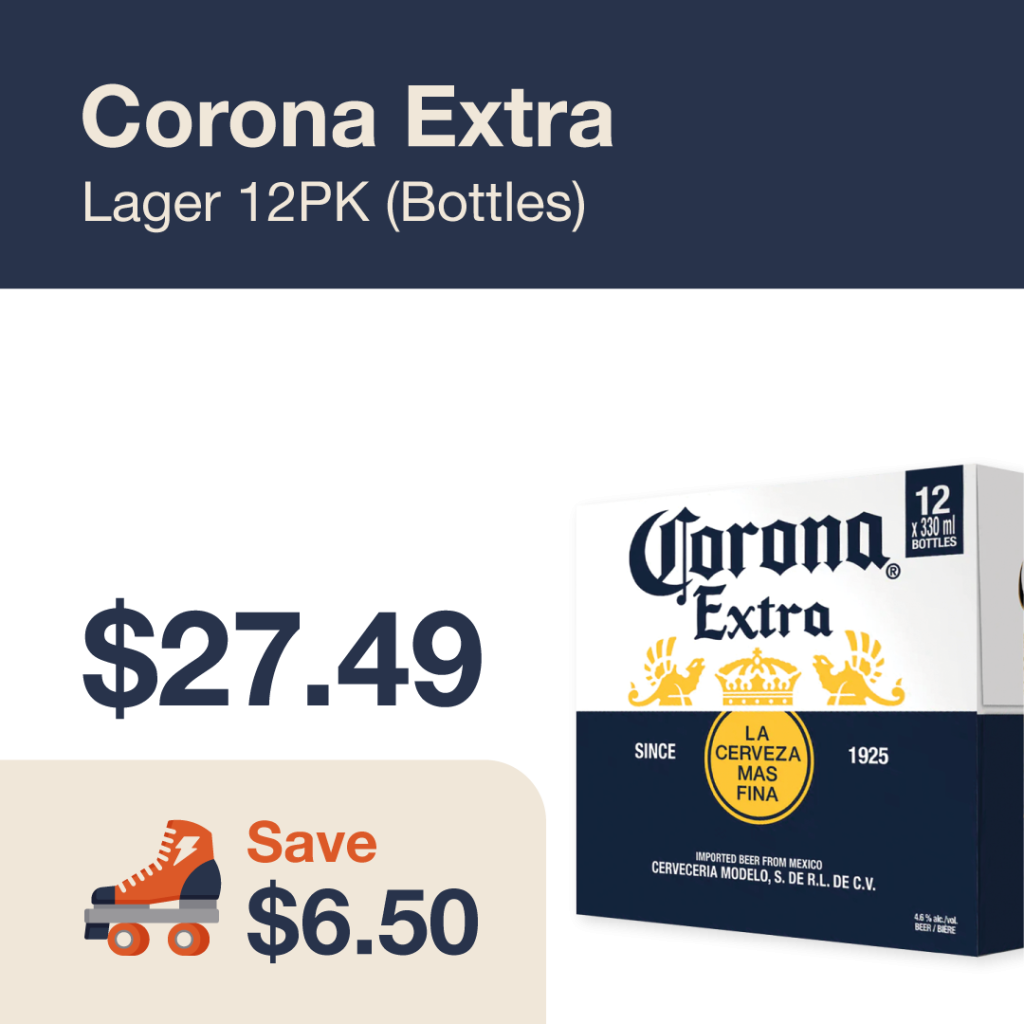 Liquor Co. 1977 monthly promo: Featured beer deal. Save $6.50 on Corona Extra Lager 12PK Bottles