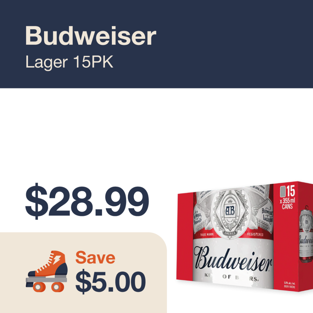 Liquor Co. 1977 monthly promo: Featured beer deal. Save $5.00 on Budweiser Lager 12PK