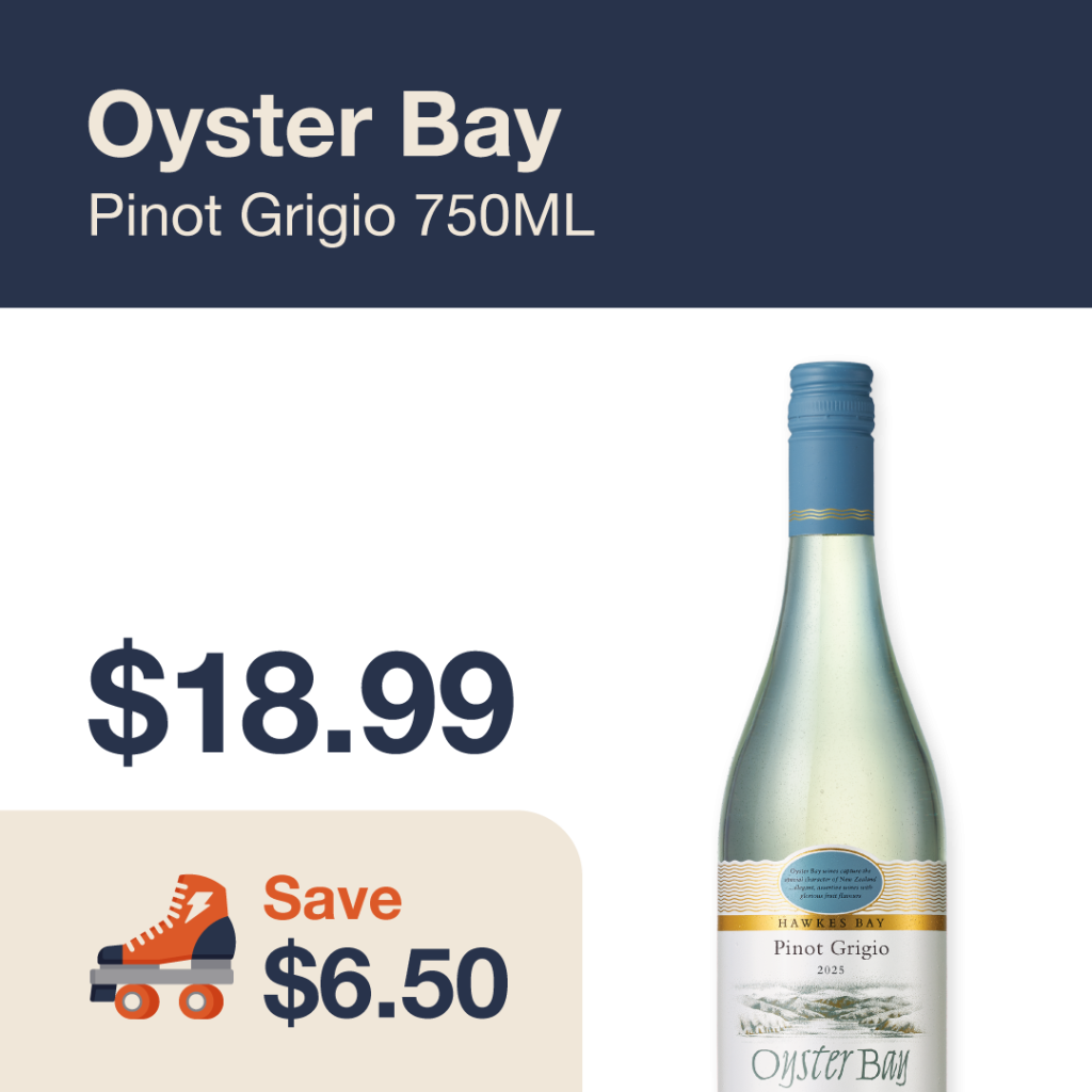 Liquor Co. 1977 monthly promo: Featured wine deal. Save $6.50 on Oyster Bay Pinot Grigio 750ML