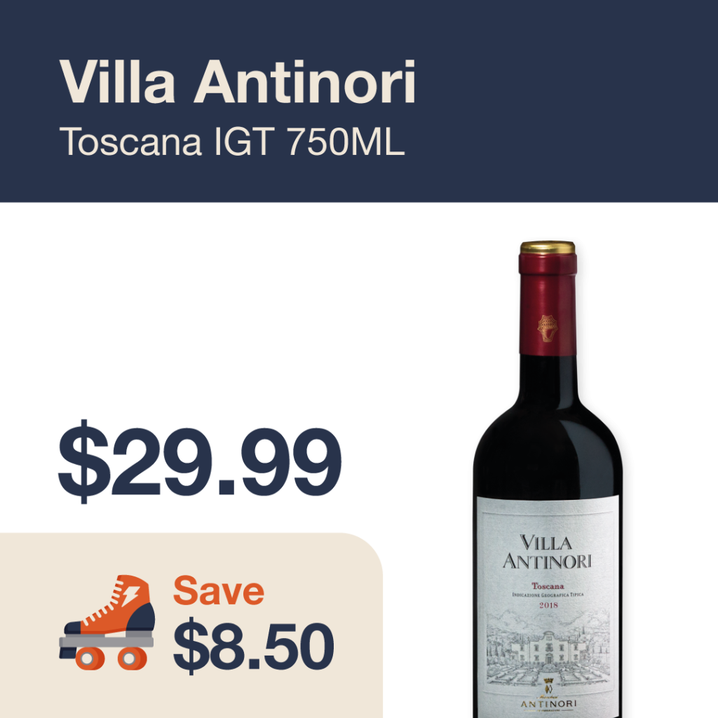 Liquor Co. 1977 monthly promo: Featured wine deal. Save $8.50 on Villa Antinori Toscana IGT 750ML