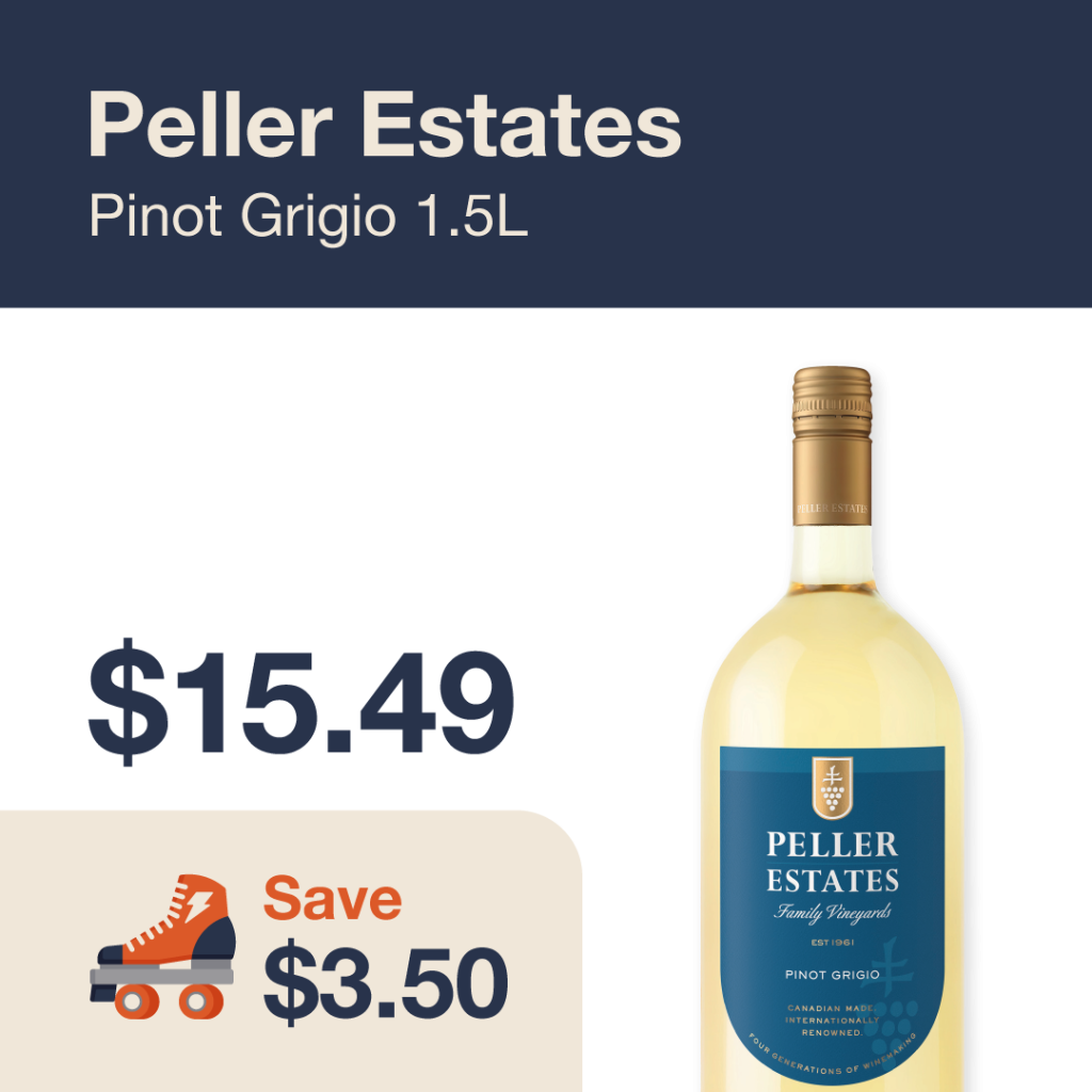Liquor Co. 1977 monthly promo: Featured wine deal. Save $3.50 on Peller Estates Pinot Grigio 1.5L