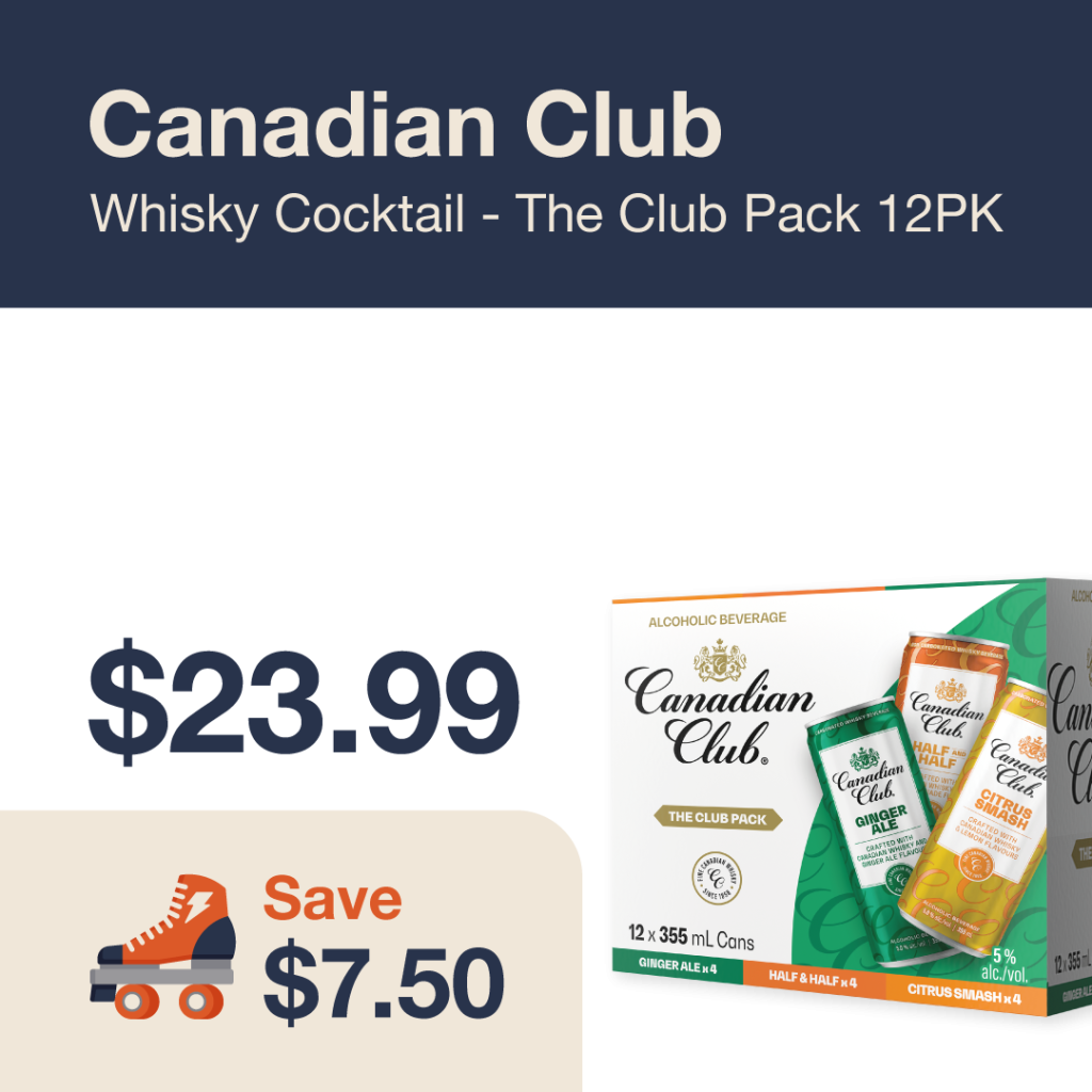 Liquor Co. 1977 monthly promo: Featured RTD deal. Save $7.50 on Canadian Club Whisky Cocktail The Club Pack 12PK