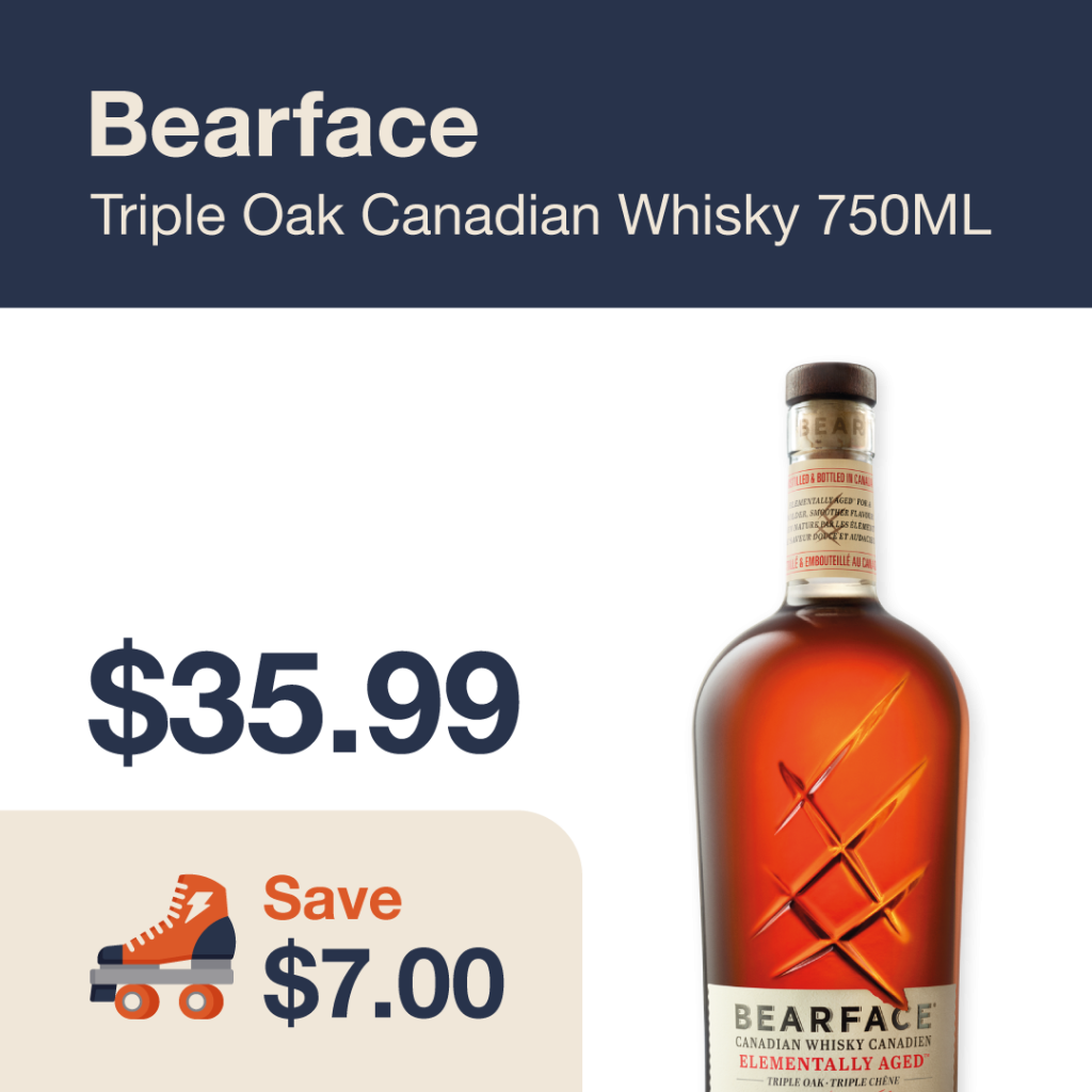 Liquor Co. 1977 monthly promo: Featured spirit deal. Save $7.00 on Bearface Triple Oak Canadian Whisky 750ML