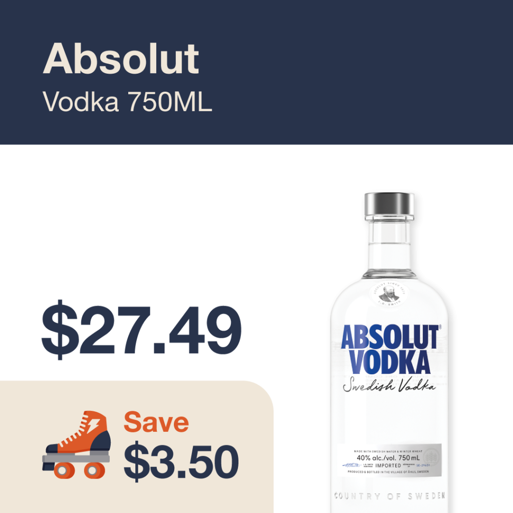 Liquor Co. 1977 monthly promo: Featured spirit deal. Save $3.50 on Absolut Vodka 750ML