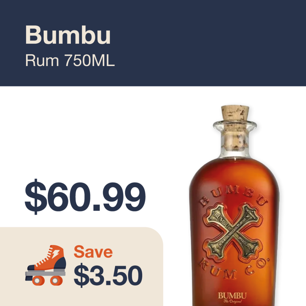 Liquor Co. 1977 monthly promo: Featured spirit deal. Save $3.50 on Bumbu Rum 750ML