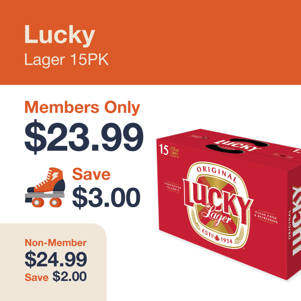 Liquor Co. 1977 monthly promo: Save $2.00 on Lucky Lager 15PK - Members save $3.00 on this featured beer deal