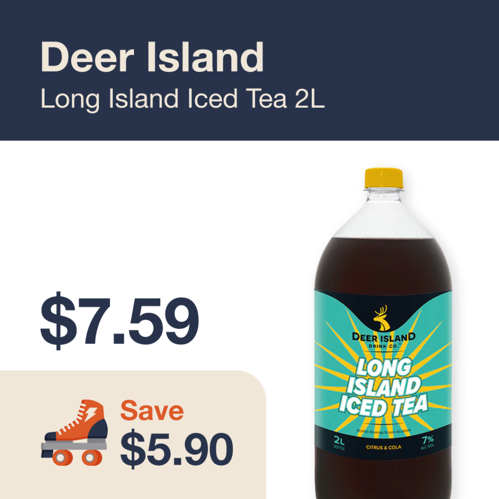 Liquor Co. 1977 monthly promo: Featured RTD deal. Save $5.90 on Deer Island Long Island Iced Tea 2L