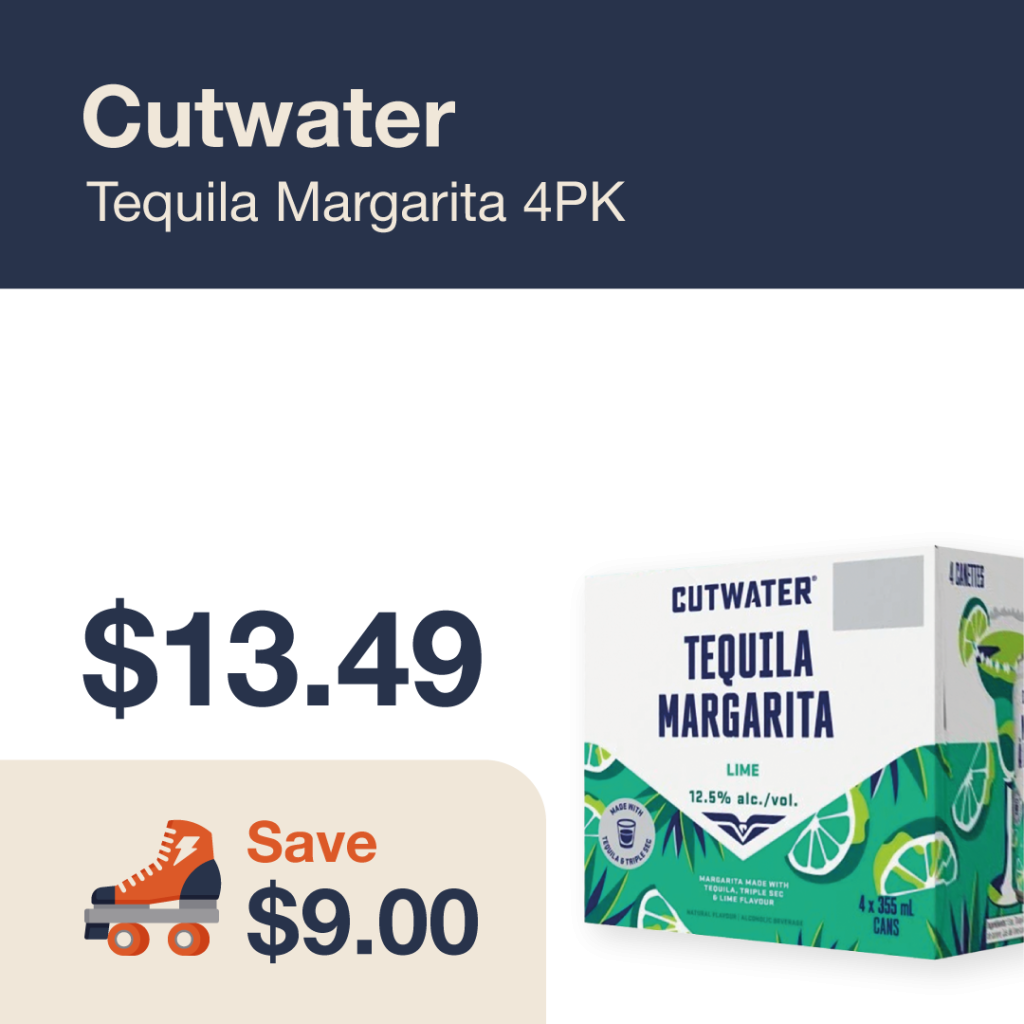 Liquor Co. 1977 monthly promo: Featured RTD deal. Save $9.00 on Cutwater Tequila Margarita 4PK