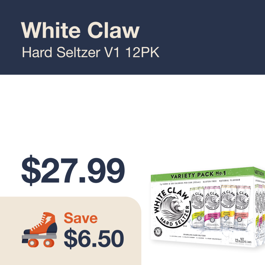 Liquor Co. 1977 monthly promo: Featured RTD deal. Save $6.50 on White Claw Hard Seltzer V1 12PK