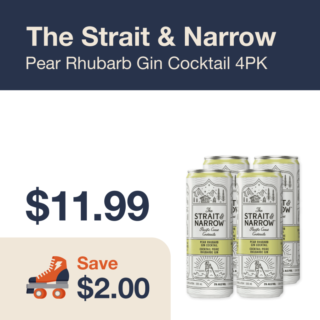 Liquor Co. 1977 monthly promo: Featured RTD deal. Save $2.00 on The Strait & Narrow Pear Rhubarb Gin Cocktail 4PK