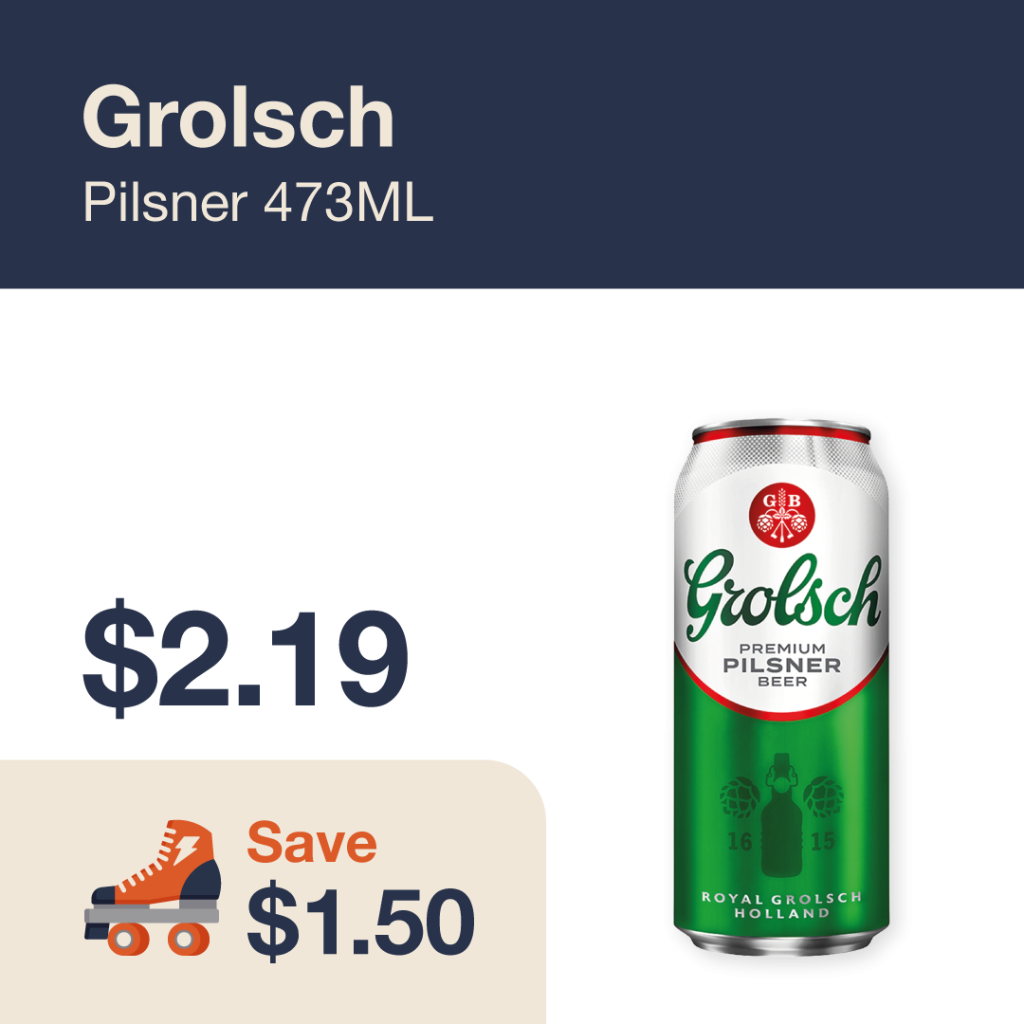 Liquor Co. 1977 monthly promo: Featured beer deal. Save $1.50 on Grolsch Pilsner 473ML
