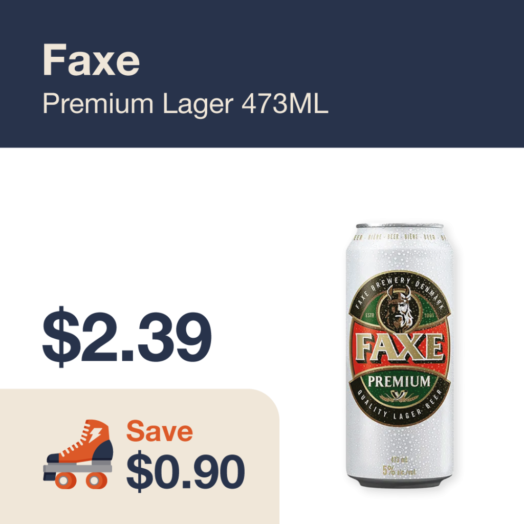 Liquor Co. 1977 monthly promo: Featured beer deal. Save $0.90 on Faxe Premium Lager 473ML