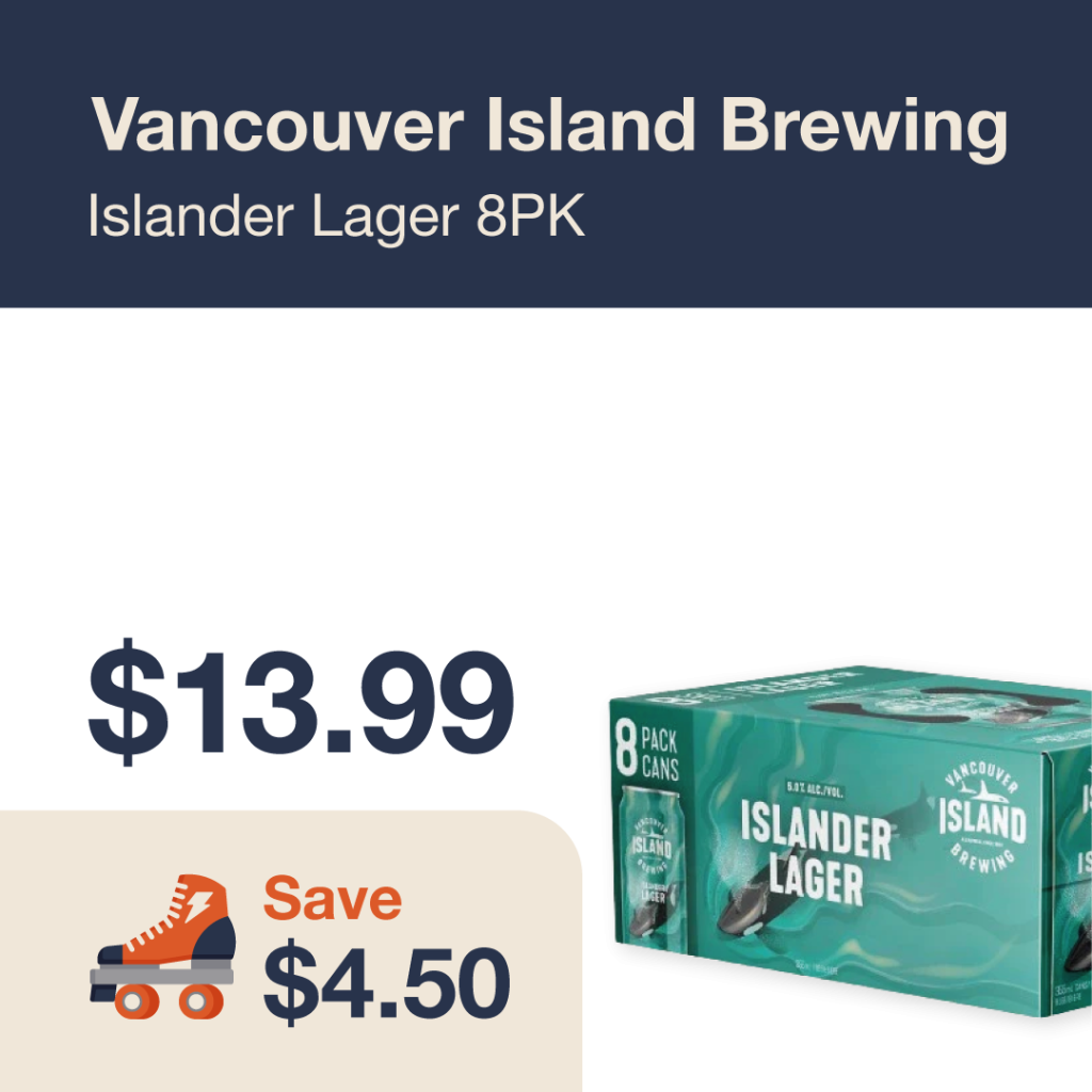 Liquor Co. 1977 monthly promo: Featured beer deal. Save $4.50 on Vancouver Island Brewing Islander Lager 8PK