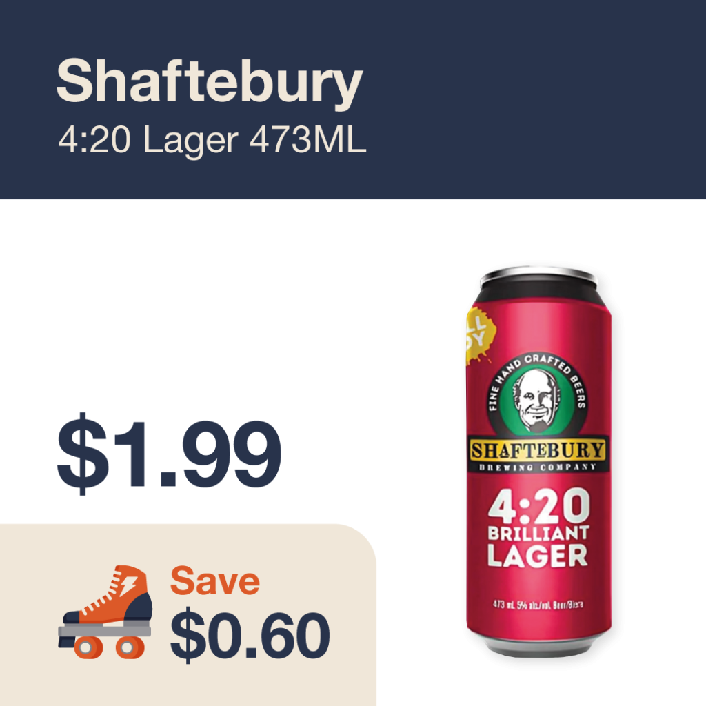 Liquor Co. 1977 monthly promo: Featured beer deal. Save $0.60 on Shaftebury 4:20 Lager 473ML