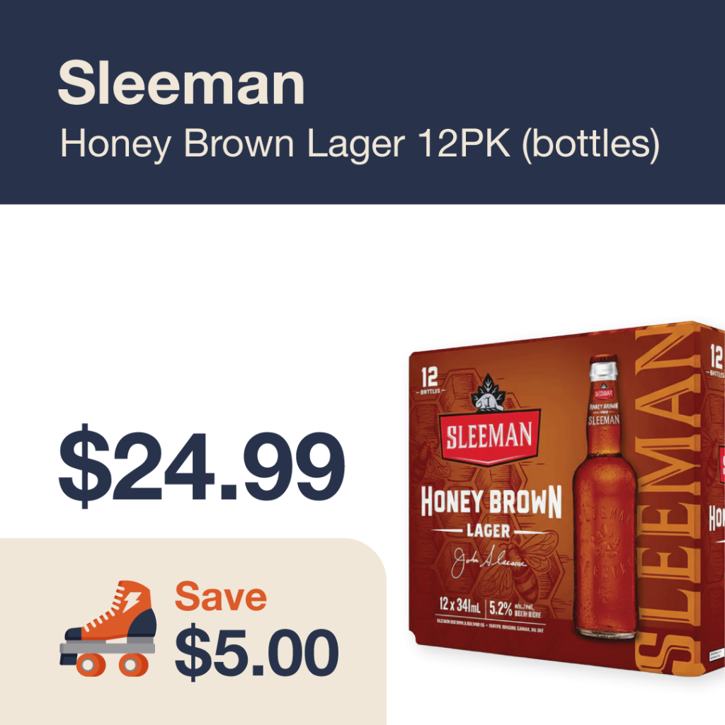 Liquor Co. 1977 monthly promo: Featured beer deal. Save $5.00 on Sleeman Honey Brown Lager 12PK bottles