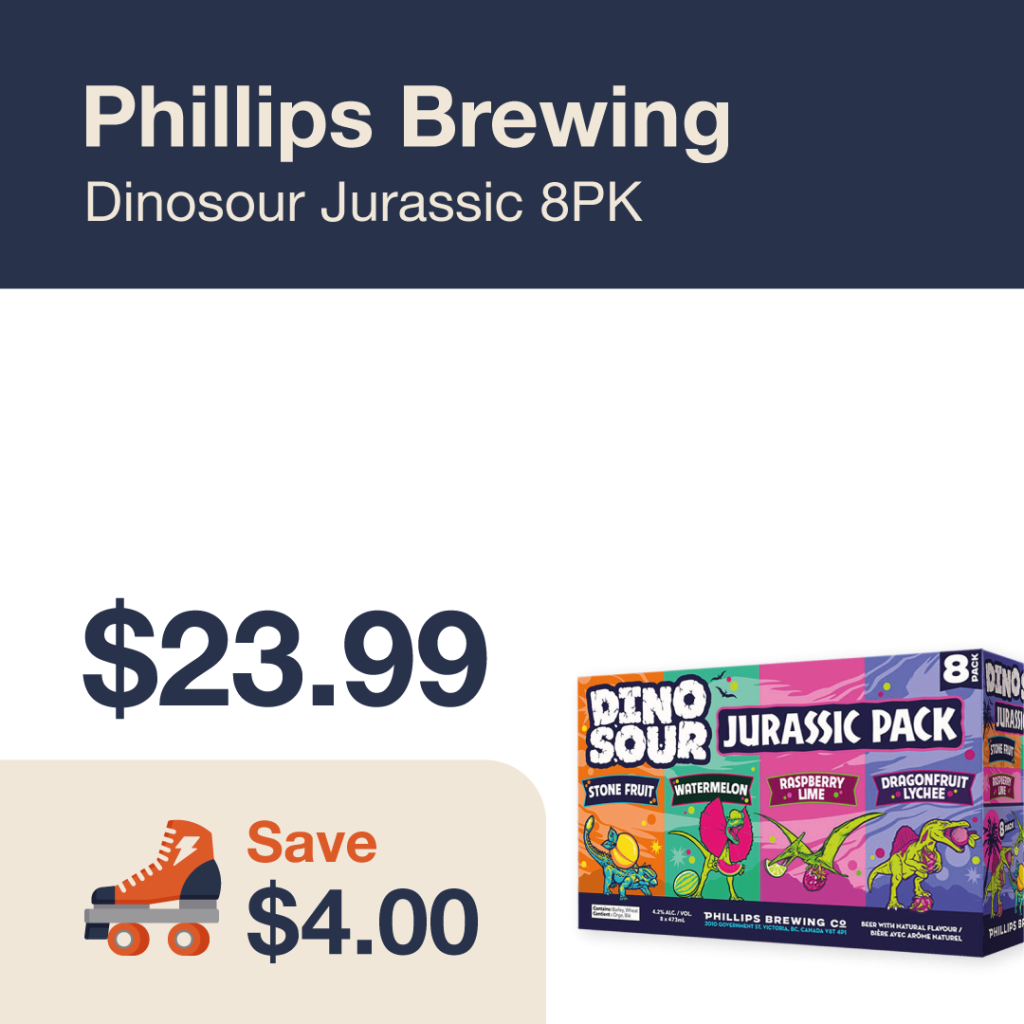Liquor Co. 1977 monthly promo: Featured beer deal. Save $4.00 on Phillips Brewing Dinosour Jurassic Pack 8PK