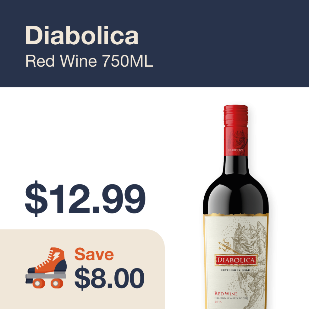 Liquor Co. 1977 monthly promo: Featured wine deal. Save $8.00 on Diabolica Red Wine 750ML