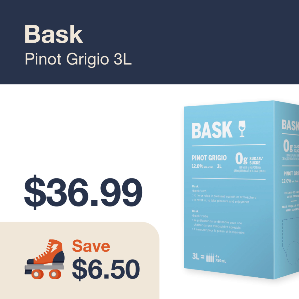 Liquor Co. 1977 monthly promo: Featured wine deal. Save $6.50 on Bask Pinot grigio 3L
