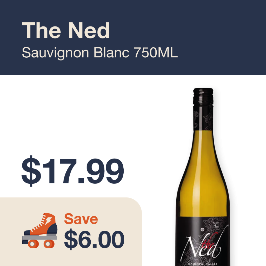 Liquor Co. 1977 monthly promo: Featured wine deal. Save $6.00 on The Ned Sauvignon Blanc 750ML