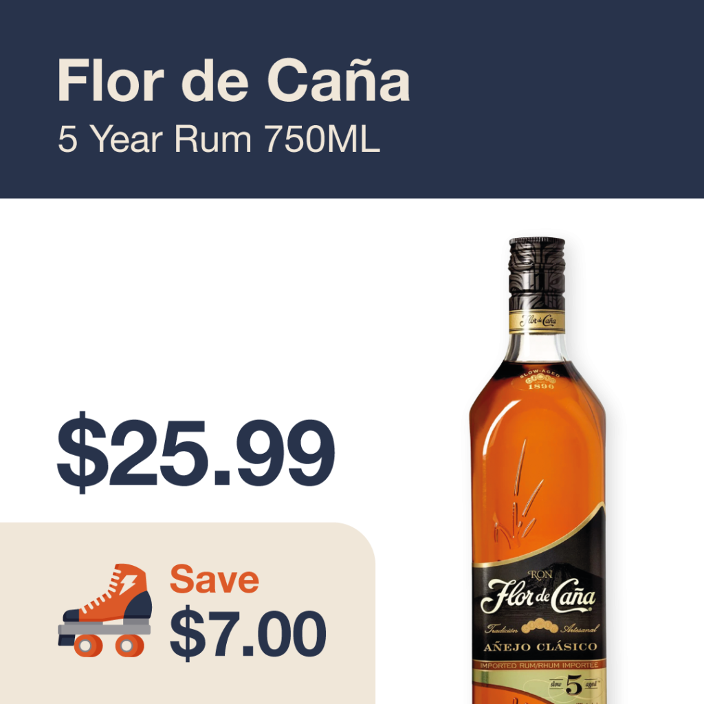 Liquor Co. 1977 monthly promo: Featured spirit deal. Save $7.00 on Flor de Cana 5 Year Rum 750ML