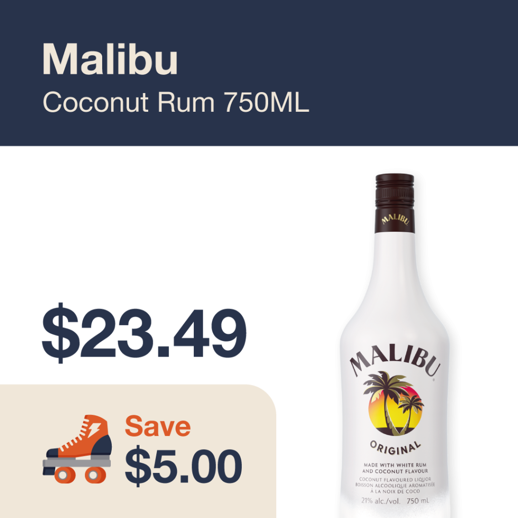 Liquor Co. 1977 monthly promo: Featured spirit deal. Save $5.00 on Malibu Coconut Rum 750ML