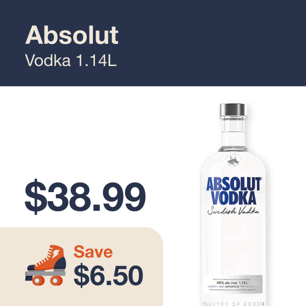 Liquor Co. 1977 monthly promo: Featured spirit deal. Save $6.50 on Absolut Vodka 1.14L