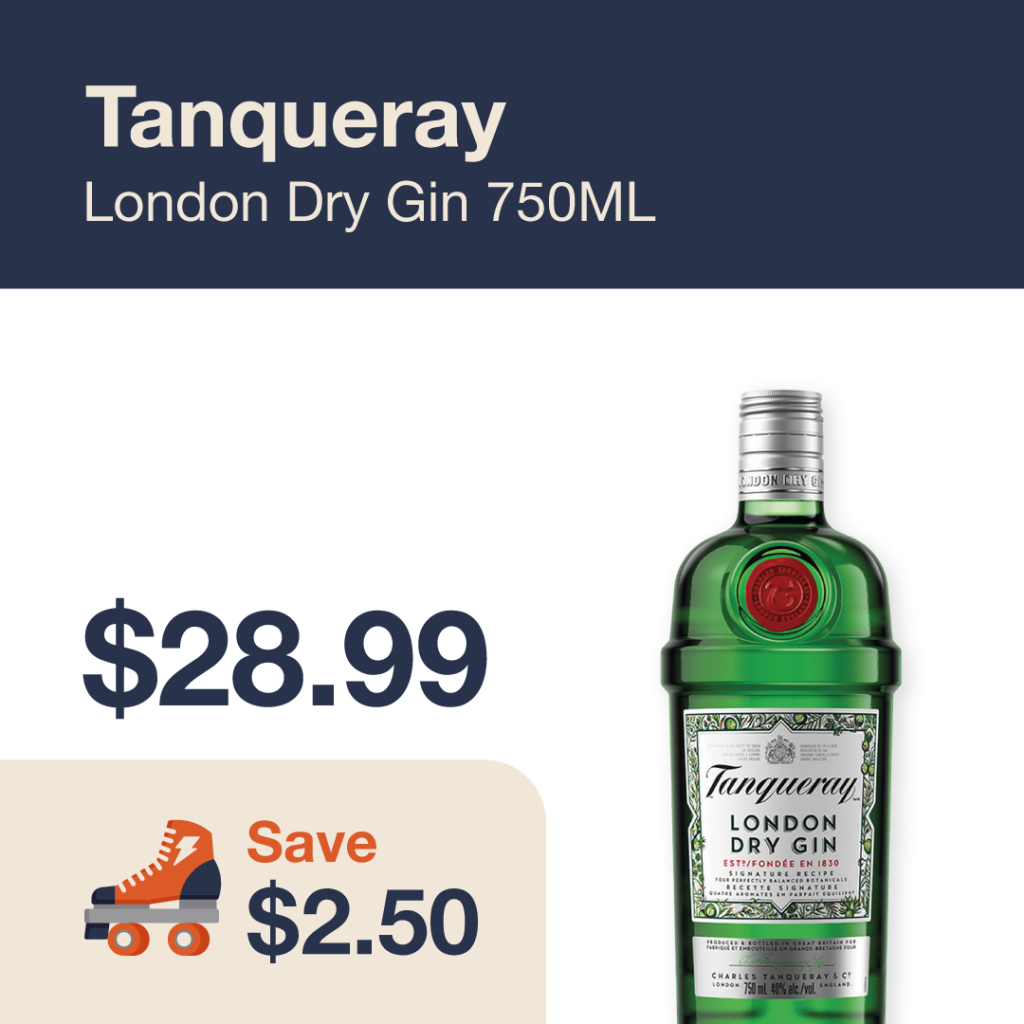 Liquor Co. 1977 monthly promo: Featured spirit deal. Save $2.50 on Tanqueray London Dry Gin 750ML