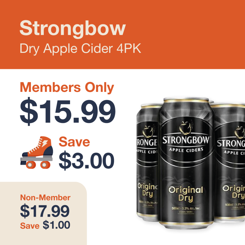 Liquor Co. 1977 monthly promo: Save $1.00 on Strongbow Dry Apple Cider 4PK - Members save $3.00 on this featured cider deal