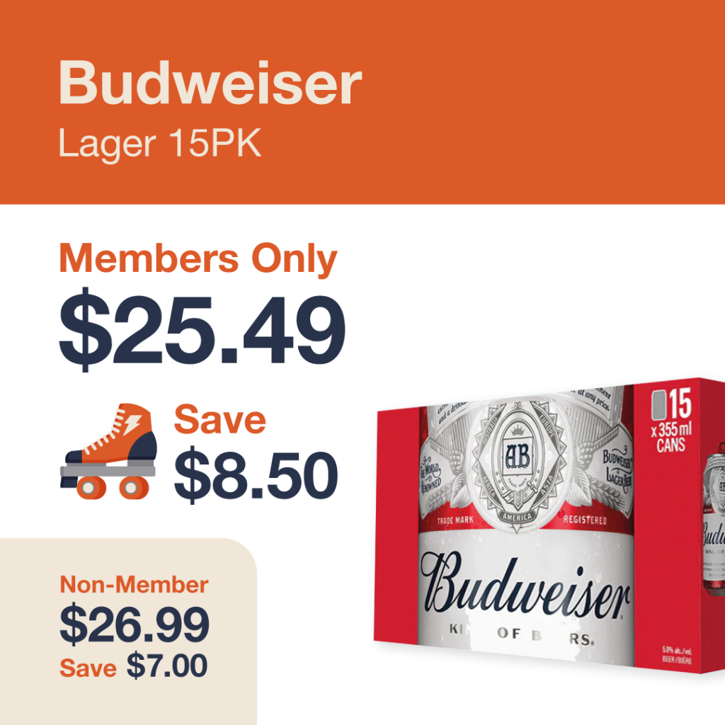 Liquor Co. 1977 monthly promo: Save $7.00 on Budweiser Lager 15PK - Members save $8.50 on this featured beer deal